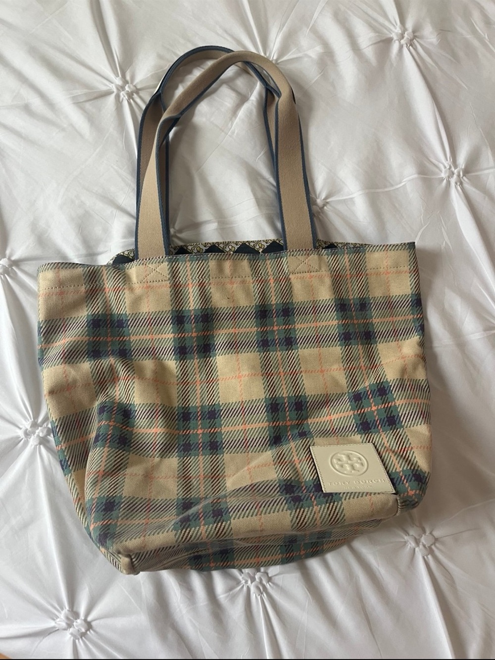 Tory Burch Plaid Tote Bag in Beige and Blue